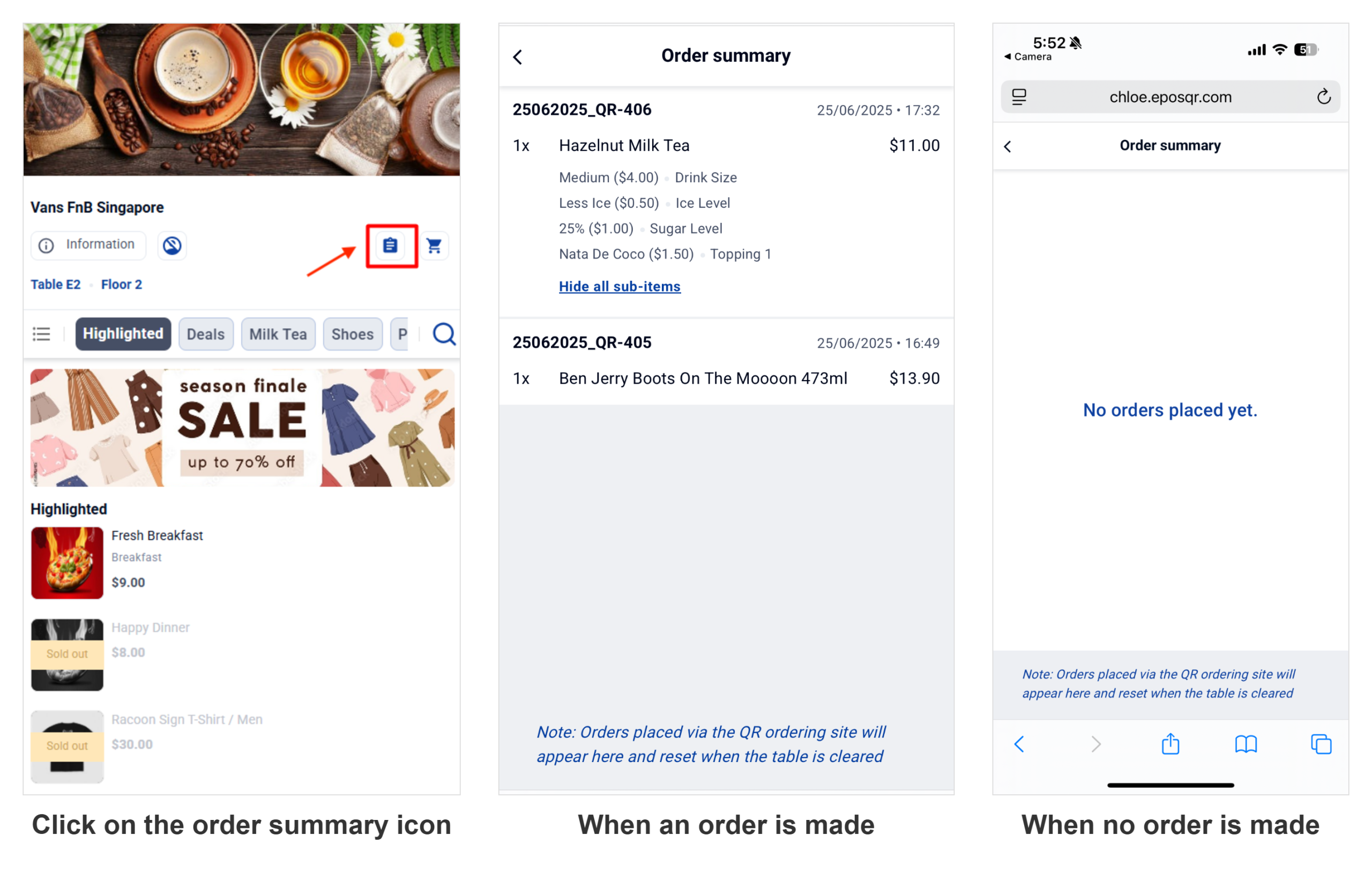 View Order Summary icon and order summary screens